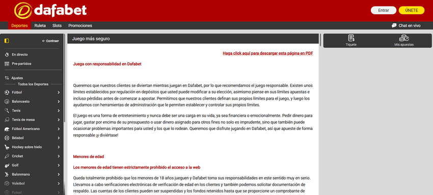 Juego responsable en Dafabet Página de juego responsable de Dafabet con información sobre límites y protección del jugador.