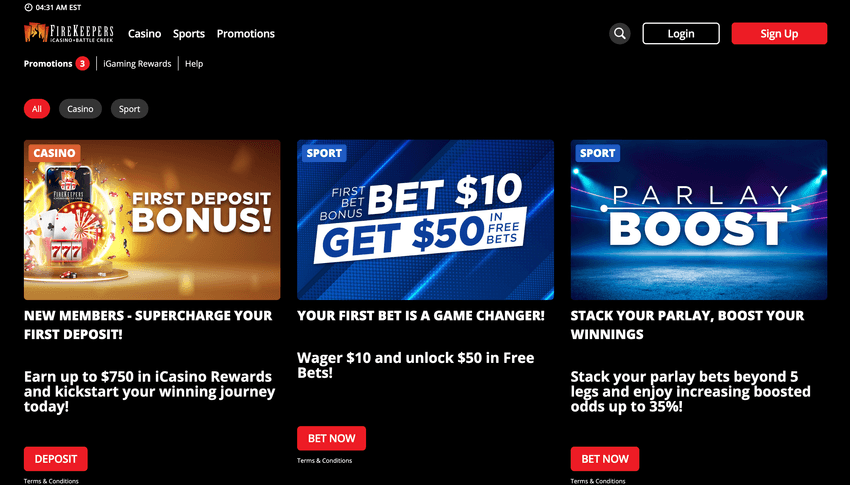 Screenshot of FireKeepers promotions page