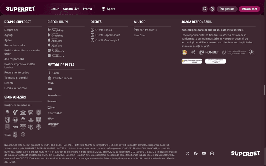 Captura de ecran a Informațiilor legale și a licenței Superbet Casino