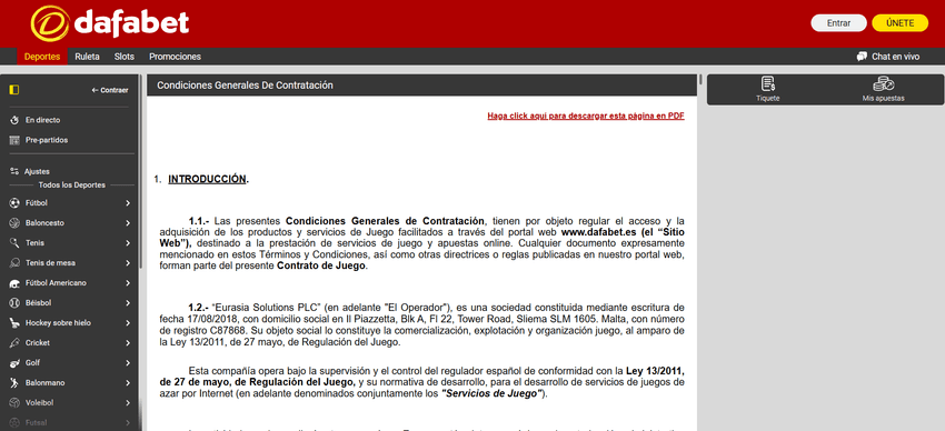 Términos y condiciones de Dafabet Página de condiciones generales de contratación de Dafabet España.