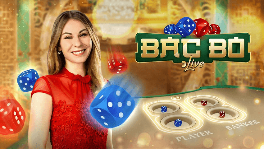 Bac Bo Live με παρουσιάστρια, κόκκινα και μπλε ζάρια και θέσεις πονταρίσματος Player και Banker.