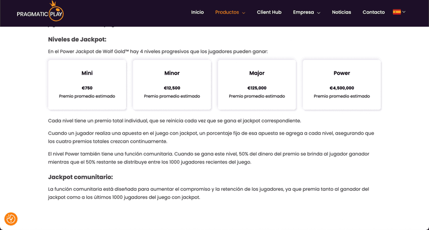 Niveles de jackpot de Pragmatic Play Página oficial de Pragmatic Play explicando los niveles Mini, Minor, Major y Power del sistema jackpot