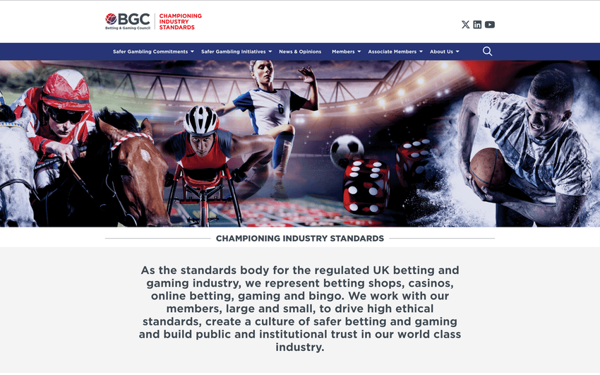 Screenshot of the Betting and Gaming Council website homepage featuring navigation menu, policy sections, and information about responsible gambling and industry representation