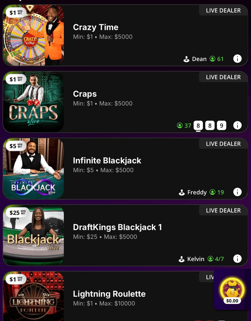 Evolution Games at DraftKings Casino DraftKings Casino live dealer lobby with Crazy Time, Craps, Infinite Blackjack and Lightning Roulette