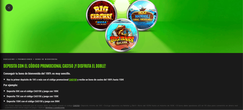 Página informativa del bono de bienvenida de 888 Casino con código promocional CAS150