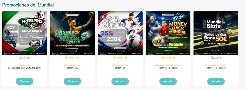 Promociones especiales del Mundial en Casino Gran Vía Banner de ofertas temáticas del Mundial 2026 en Casino Gran Vía, incluyendo Tiradas Gratis por cada gol, Cashback instantáneo y depósitos diarios bonificados.