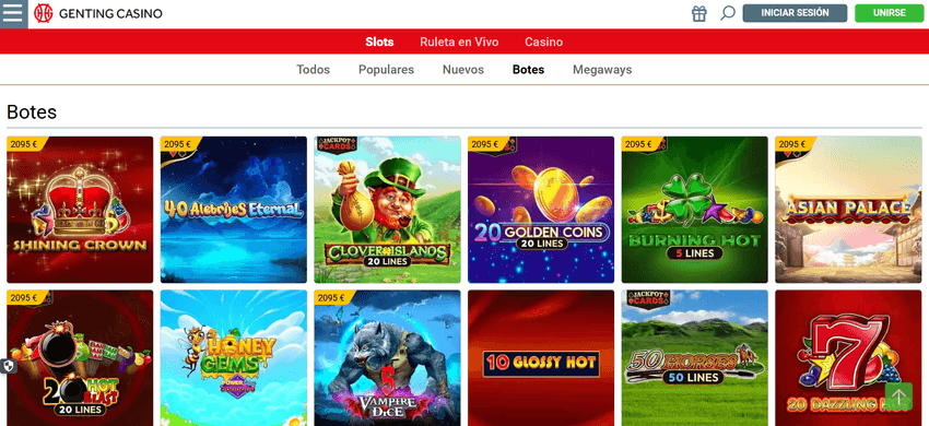 Sección de jackpots de Genting Casino con Shining Crown y 20 Golden Coins