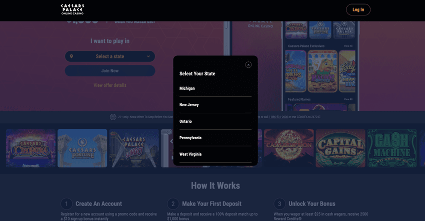 Caesars Palace MI state selection screenshot Caesars Palace MI state selection screenshot