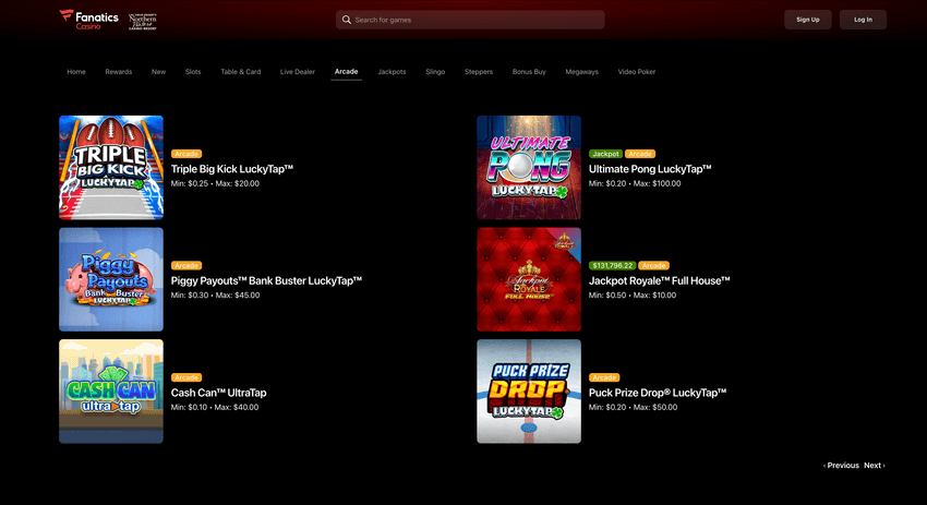 Screenshot of Fanatics Michigan arcade games section