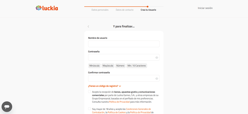Pantalla final del registro en Luckia para crear nombre de usuario y contraseña segura.
