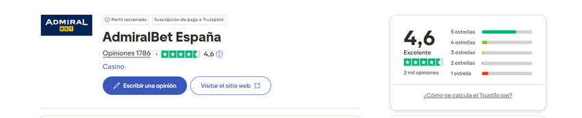 Opiniones de usuarios sobre AdmiralBet con puntuación en Trustpilot