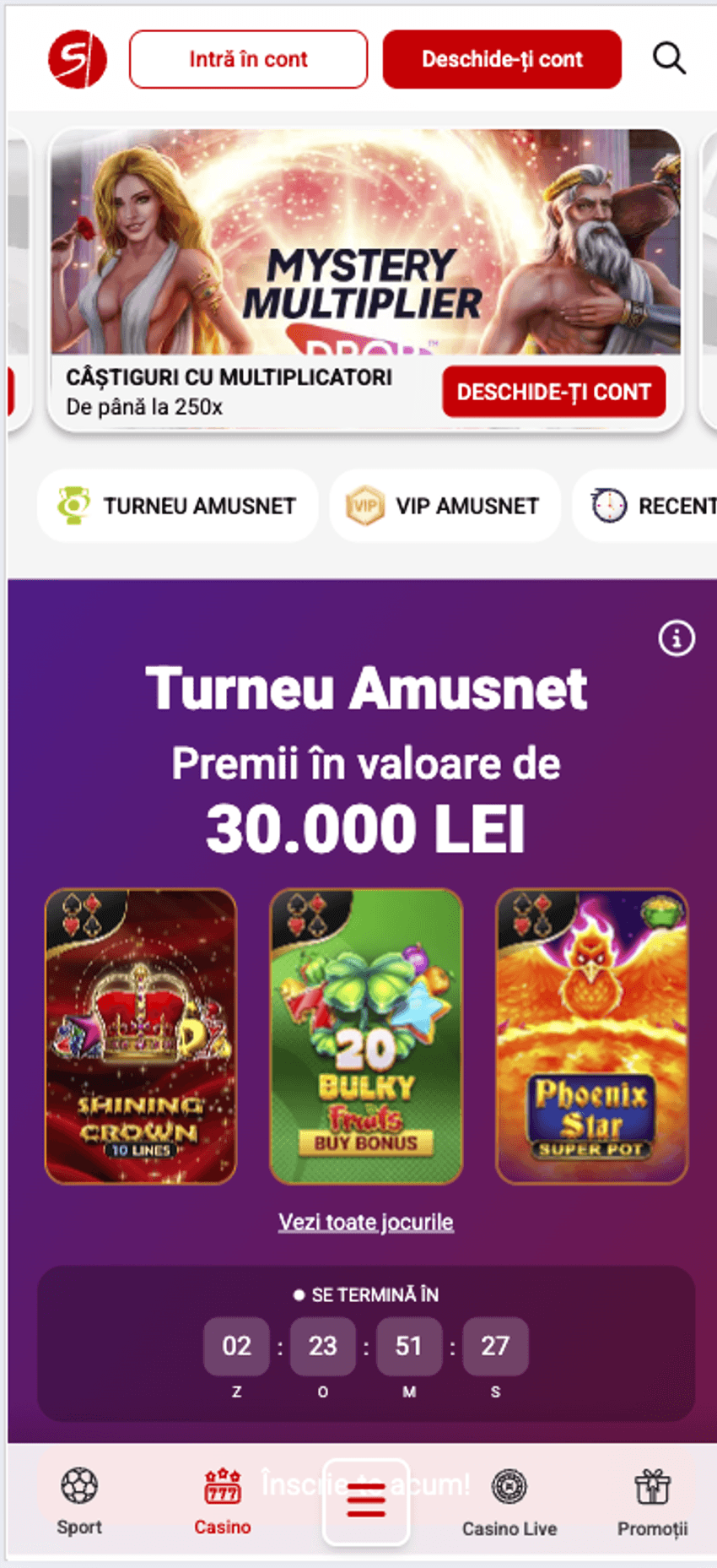 Stanleybet Casino – interfața mobilă Versiunea mobilă Stanleybet Casino cu promoția Mystery Multiplier și Turneul Amusnet de 30.000 LEI