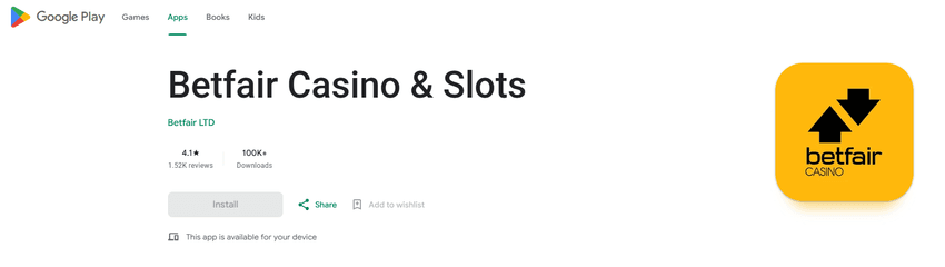 Interfaz de descarga de la aplicación móvil Betfair Casino & Slots en la tienda de Google Play Store para dispositivos Android, con nota de 4.1 estrellas.