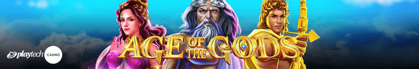 Age of the Gods slot banner by Playtech with Zeus and Greek mythology characters