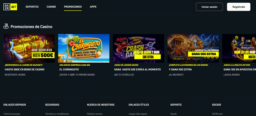 Promociones de casino de DAZN Bet Página de promociones del casino de DAZN Bet con ofertas de bienvenida, crash games y campañas temporales.