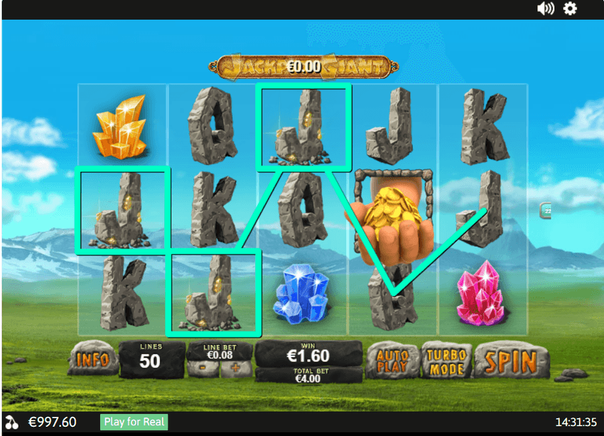 Gameplay slot Jackpot Giant Gameplay Jackpot Giant cu simboluri evidențiate pe 50 de linii și câștig afișat pe ecran.