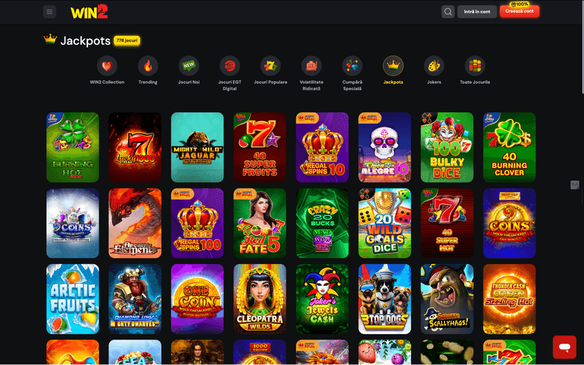 Secțiunea Win2 cu jackpoturi și sloturi eligibile
