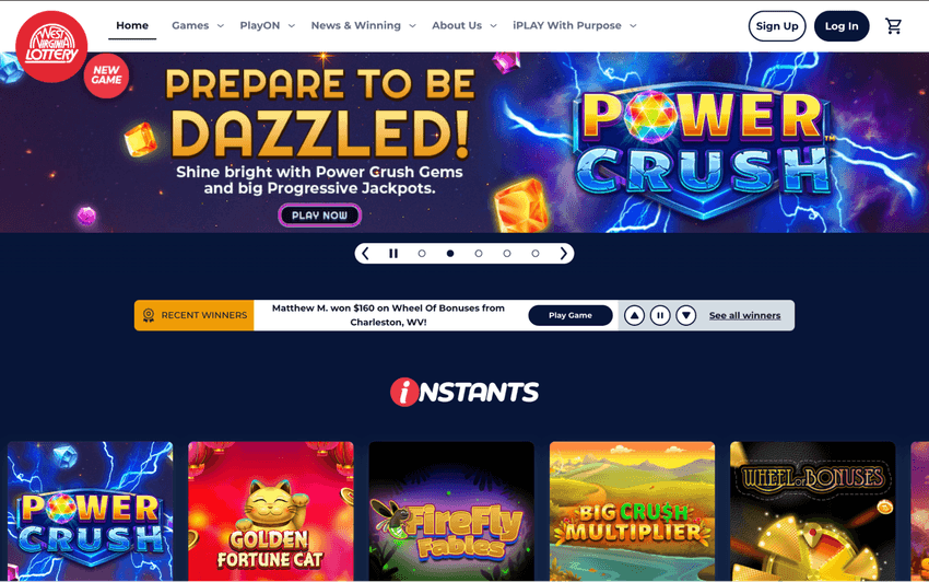 West Virginia Lottery homepage featuring lottery games, regulatory information, player resources, and official announcements.