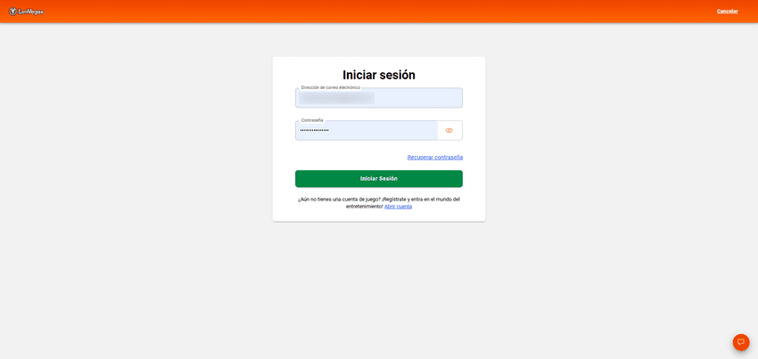 Formulario de inicio de sesión de LeoVegas España con campos de correo electrónico, contraseña, recuperación de acceso y enlace de registro para nuevos usuarios.