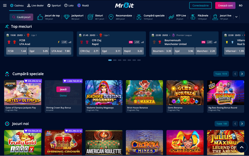 Biblioteca de jocuri Mr Bit cu sloturi și categorii de jocuri