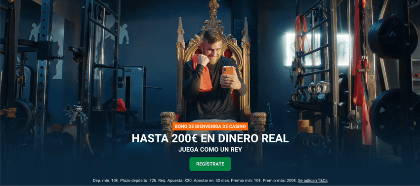 Promoción de bienvenida de LeoVegas con un bono del 100% hasta 200 euros para nuevos jugadores.