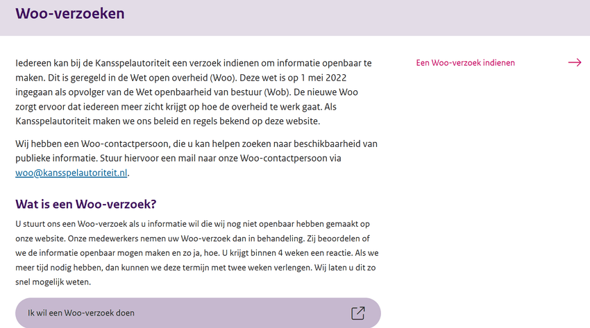 Informatieaanvraag via Woo-procedure bij de Kansspelautoriteit