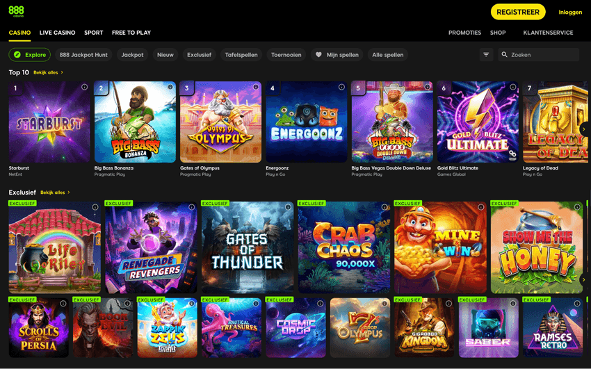 888 Casino slots en videoslots online Screenshot van de slotssectie van 888 Casino met populaire videoslots