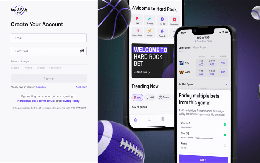 Hard Rock Bet Account Registration and App Access Hard Rock Bet Casino registration page with account creation options and links to download the mobile app.