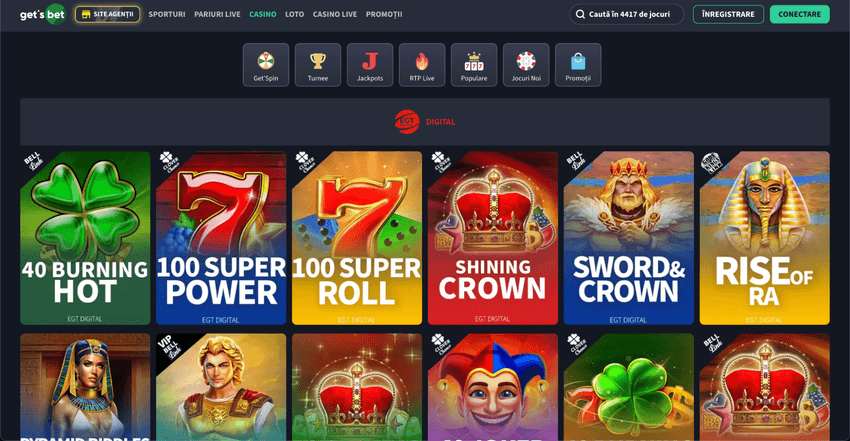 Secțiunea EGT Digital din cazinoul online Get’s Bet cu sloturi Bell Link și Clover Chance