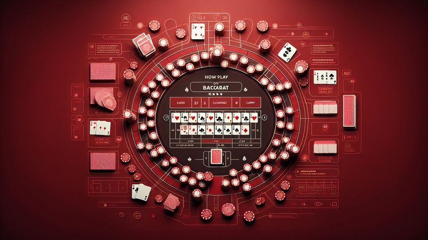 How to play baccarat diagram showing cards, chips, and betting areas