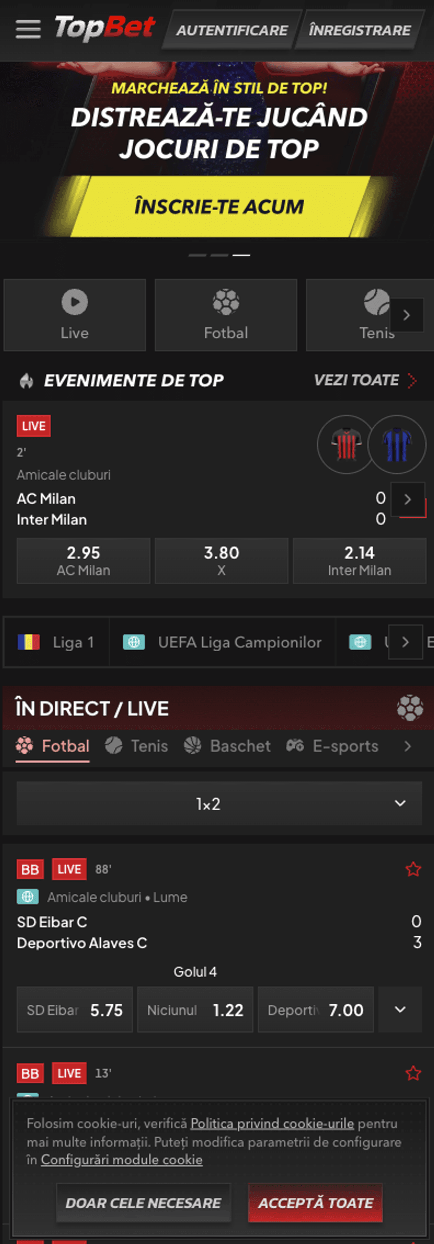 Experiența TopBet pe mobil Versiunea mobilă TopBet cu pariuri live, evenimente sportive și acces la cazino