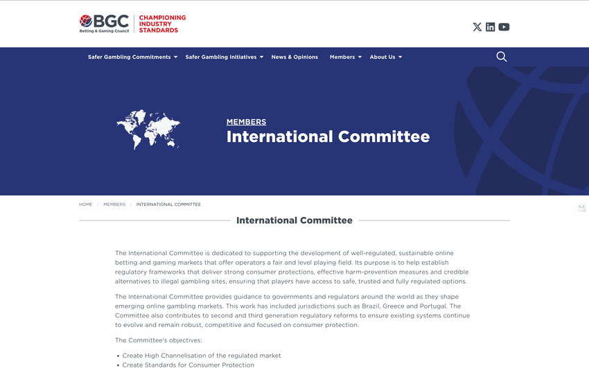 Screenshot of the Betting and Gaming Council International Committee webpage, detailing its objectives, regulatory guidance, and initiatives to promote safe and sustainable online gambling markets.
