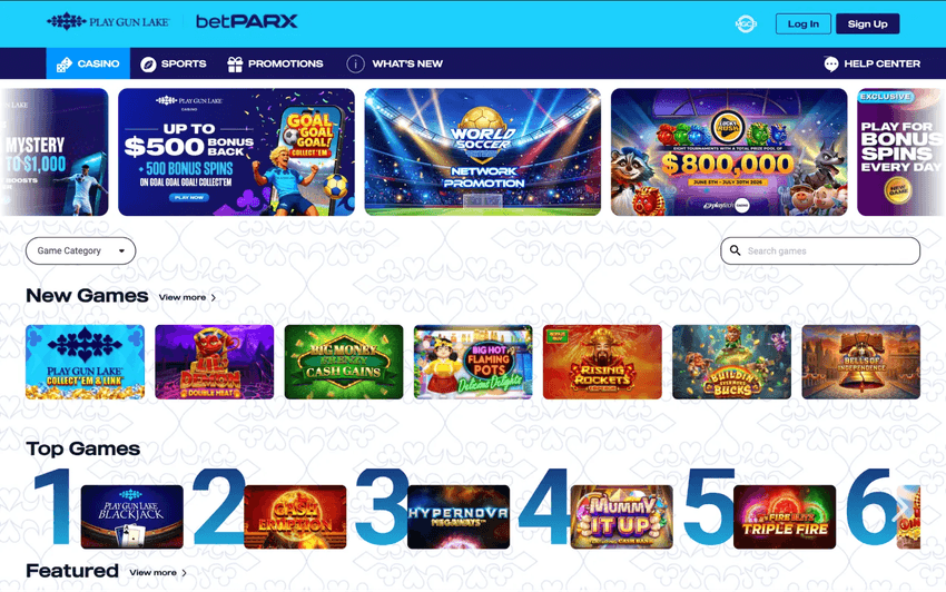 Play Gun Lake Casino homepage with new games, promotions, and featured slots