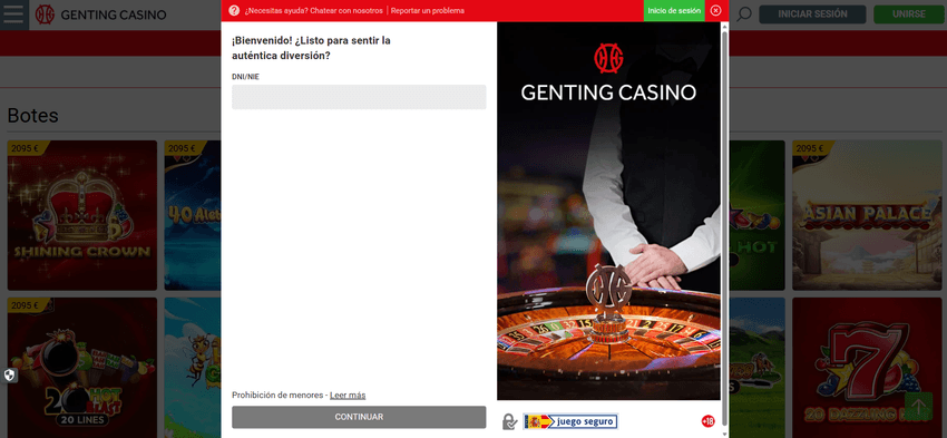 Ventana de inicio de sesión de Genting Casino con campo para DNI o NIE