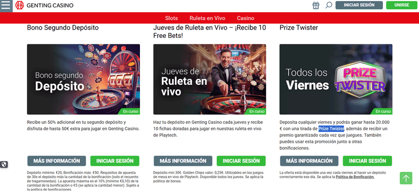 Promociones de Genting Casino con segundo depósito, ruleta en vivo y Prize Twister