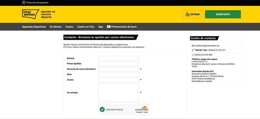 Formulario de contacto Interwetten España para atención al cliente