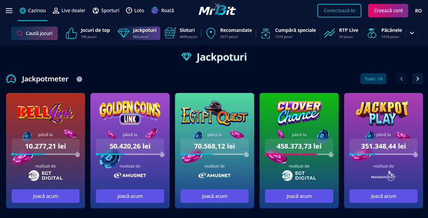 Secțiunea jackpoturi MrBit cu valori și furnizori