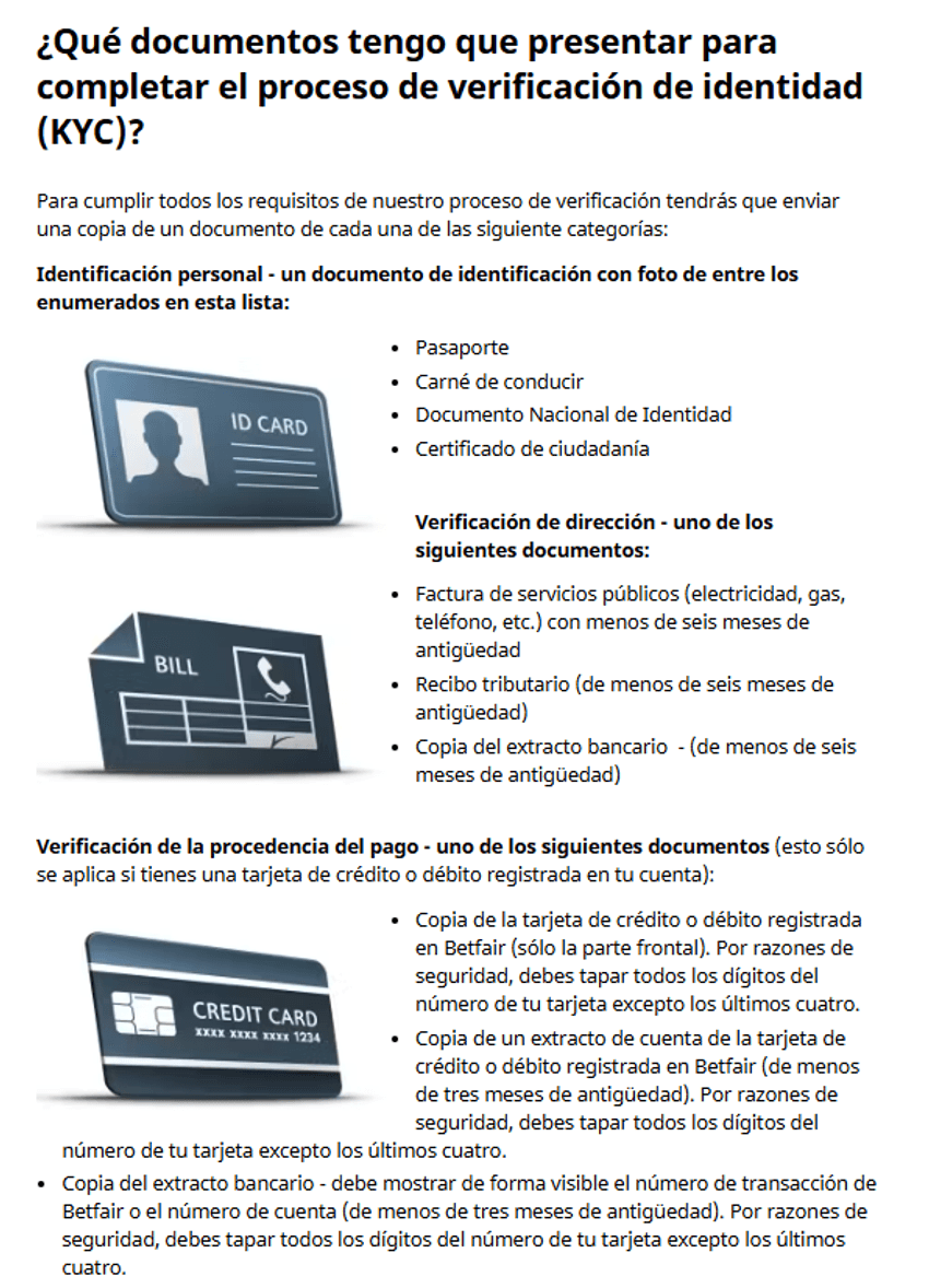 Guía oficial de Betfair detallando los documentos exigidos para la verificación KYC, divididos en identidad personal, dirección postal y procedencia del pago.