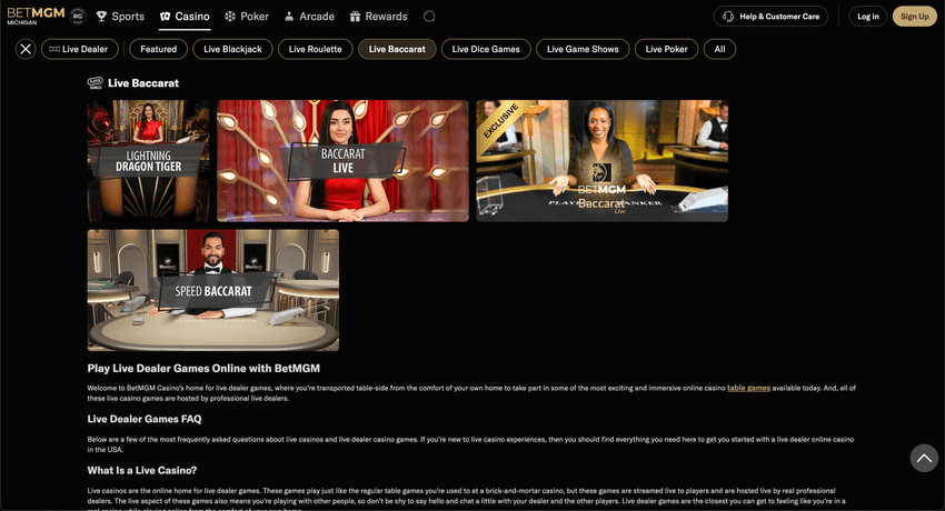 BetMGM Michigan live baccarat lobby with Lightning Dragon Tiger and Speed Baccarat tables BetMGM Michigan online casino live baccarat section featuring Lightning Dragon Tiger, Baccarat Live, and Speed Baccarat tables