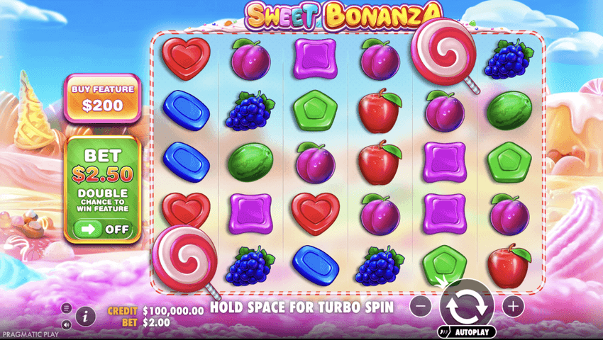 Sweet Bonanza – Pragmatic Play Στιγμιότυπο του Sweet Bonanza με φρούτα και πολύχρωμα σύμβολα γλυκών