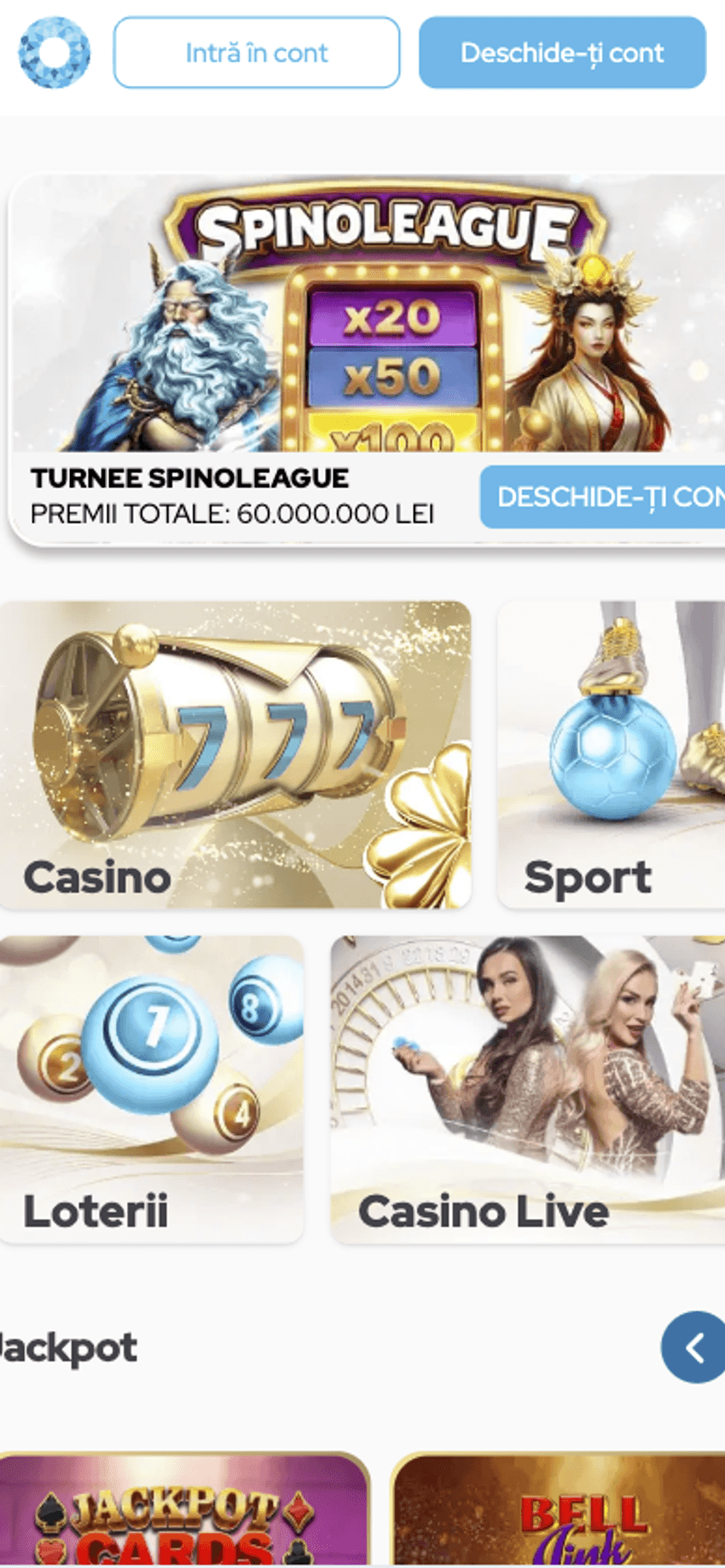 Interfața mobilă Game World Casino cu bannerul Turnee Spinoleague și categorii principale precum Casino, Sport, Loterii și Casino Live