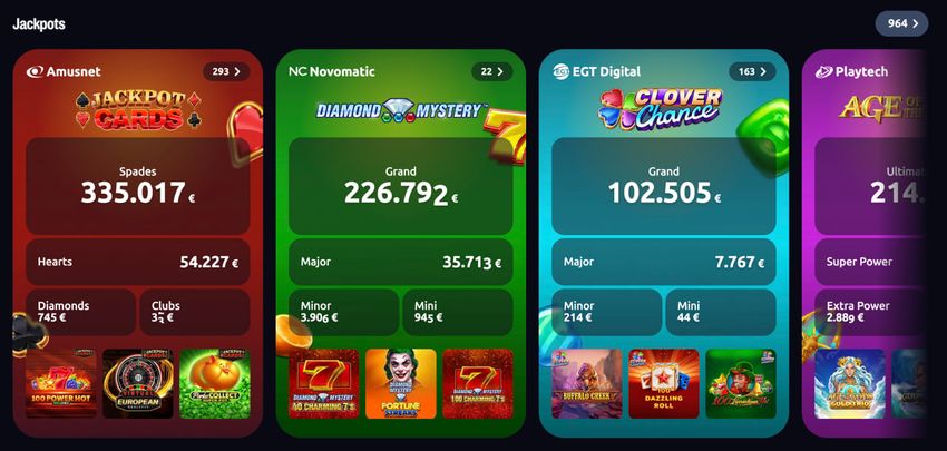 Συλλογή jackpot της Stoiximan με προοδευτικά τζάκποτ από Amusnet, Novomatic, EGT Digital και Playtech και εμφανιζόμενα ποσά επάθλων.