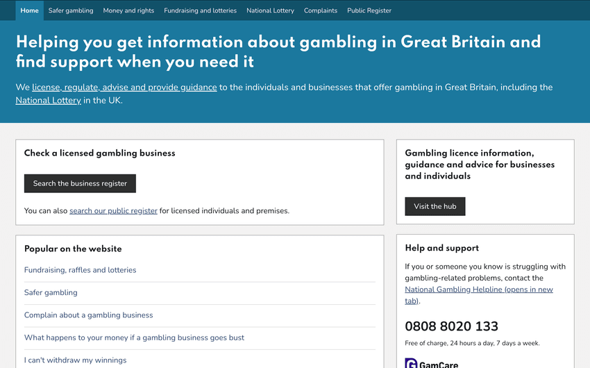 Screenshot of the UK Gambling Commission website homepage showing sections on licensing, compliance, and safer gambling guidance.