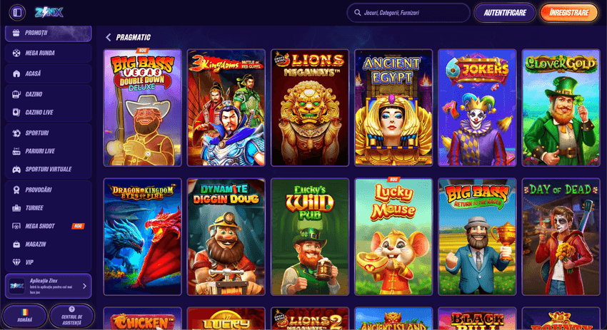 Catalogul Pragmatic Play de la Zinx cu Big Bass Vegas Double Down Deluxe, 5 Lions Megaways, Ancient Egypt și Clover Gold.