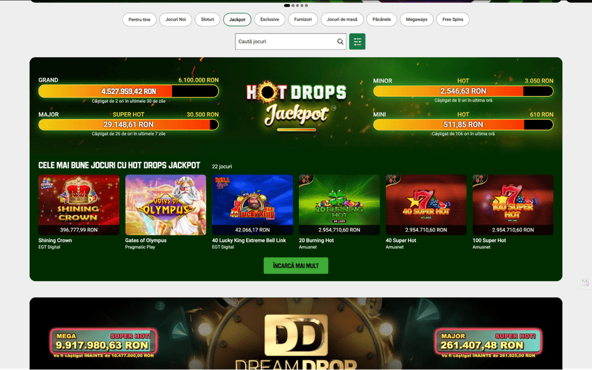 Jocuri cu jackpot la Unibet, cu contoarele Hot Drops Grand, Major, Minor și Mini