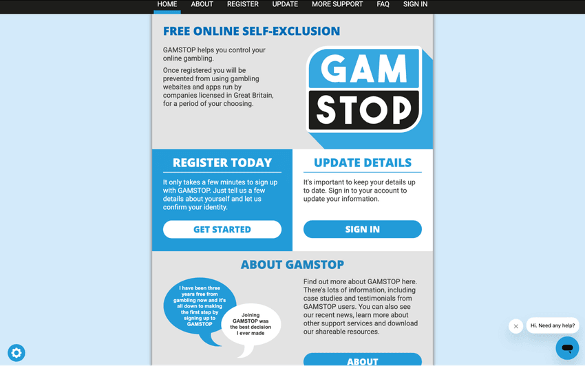 GamStop homepage with free online self-exclusion service