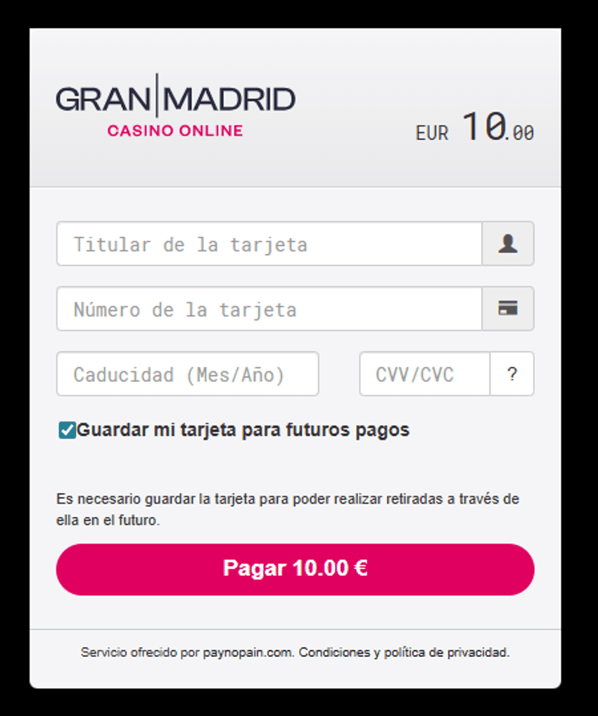 Formulario de pago con tarjeta Mastercard en Casino Gran Madrid para realizar un depósito de 10 euros.