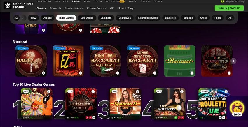 DraftKings Casino Michigan baccarat games and exclusive baccarat variants DraftKings Casino Michigan baccarat section with EZ Baccarat, High Limit Baccarat Squeeze, and Lunar New Year Baccarat