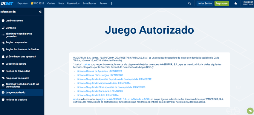 Página de Juego Autorizado de 1xBet con información sobre las licencias concedidas por la DGOJ.