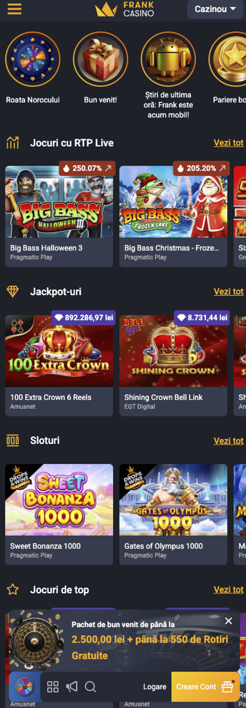 Frank Casino pe mobil Versiunea mobilă Frank Casino, cu secțiuni precum Jocuri cu RTP Live, Jackpot-uri, Sloturi și Jocuri de top